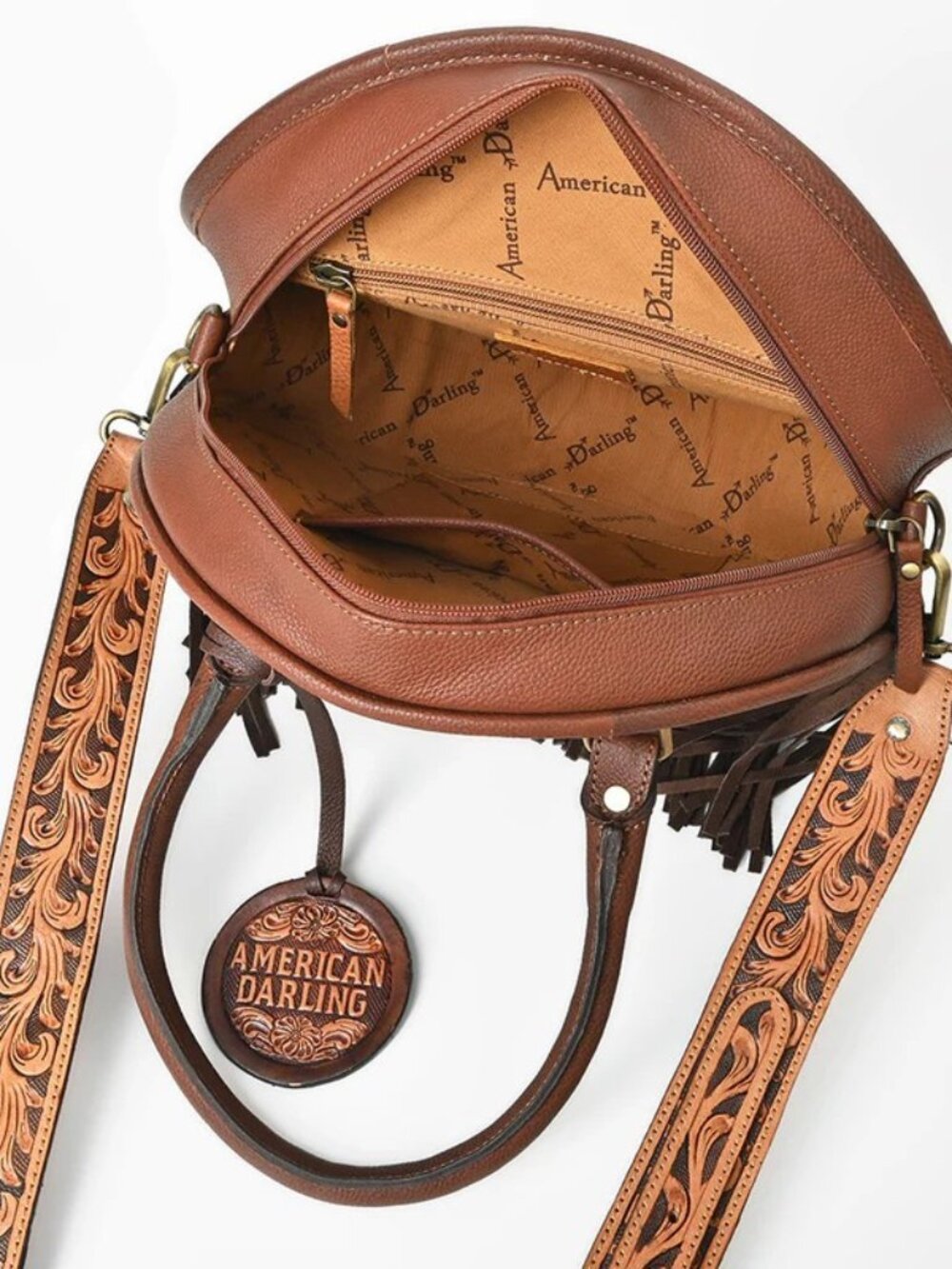 American Darling Patchwork Boho Fringe Tooled Crossbody Canteen Bag - Picture 3 of 6